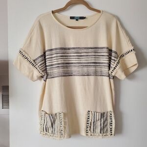 Anthropologie x Eva Franco Natural & Black Woven Accent Short Sleeve Top